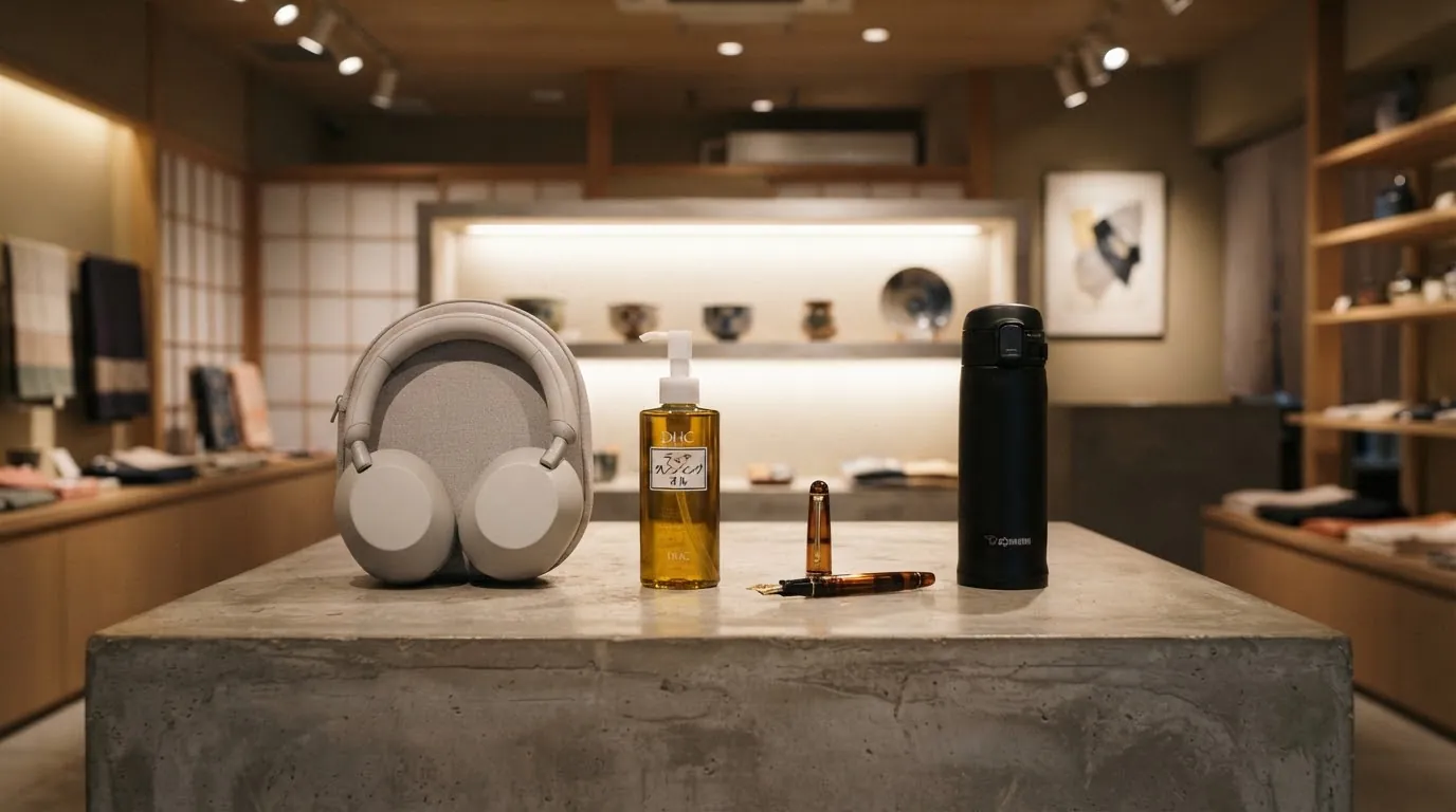 Japanese products on a showroom podium: Sony headphones, DHC oil, a Pilot pen and a Zojirushi mug